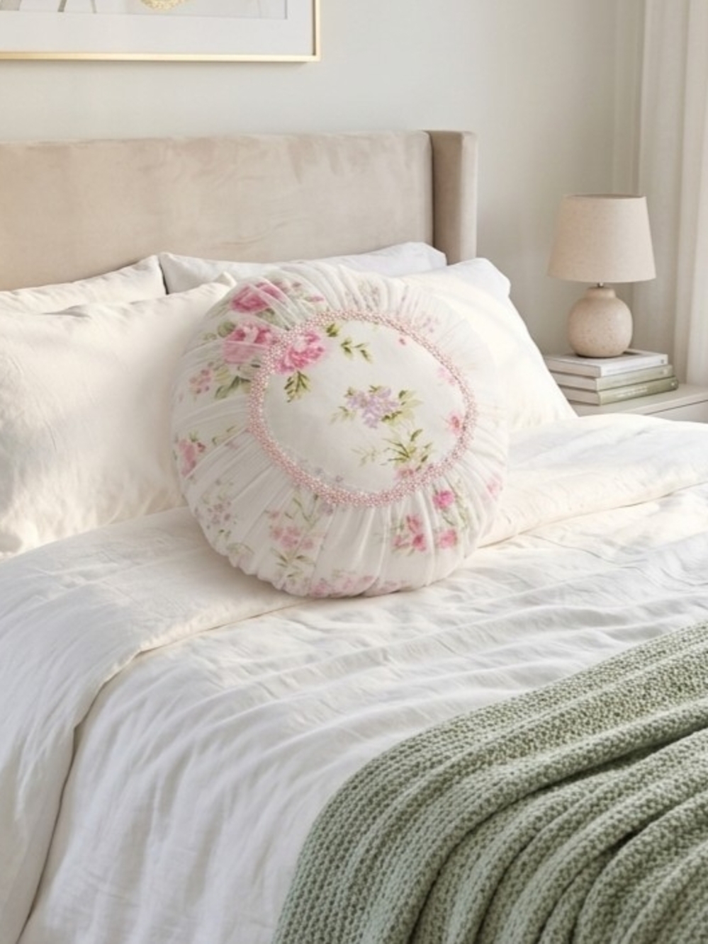 Round Floral Decorative Pillow Cushion - Pink on White